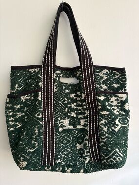 Free People Green and Cream Woven Tote Bag